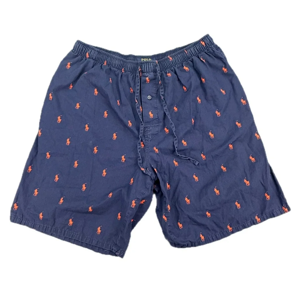 Polo‎ Ralph Lauren Pajama Shorts Mens M Navy Blue Orange Pony Logo Loungewear